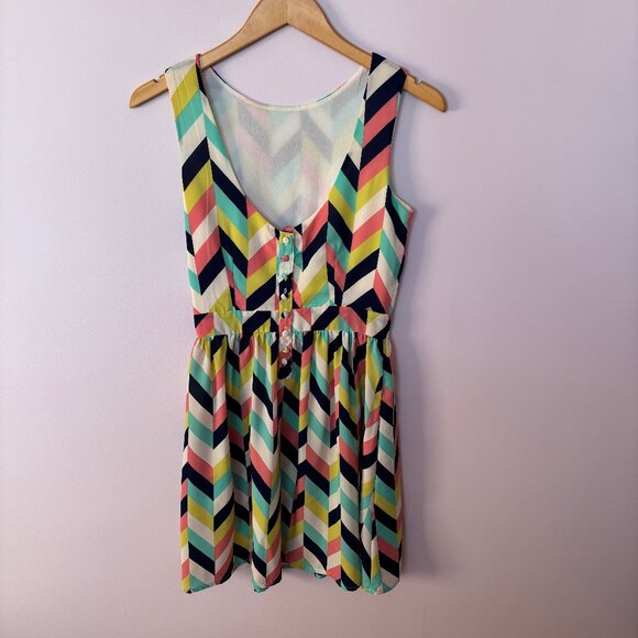 Louche Carys Chevron Dress in Pink, Green, Yellow , Navy Blue and White - Picture 4 of 9